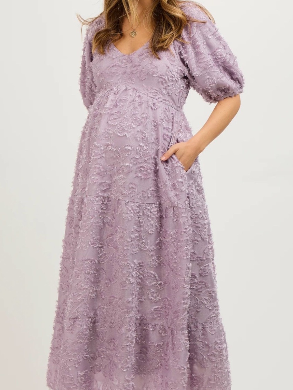Lavender Fringe Textured Short Puff Sleeve Maternity Dress